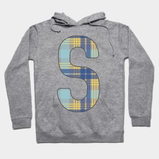 Monogram Letter S, Blue, Yellow and Grey Scottish Tartan Style Typography Design Hoodie